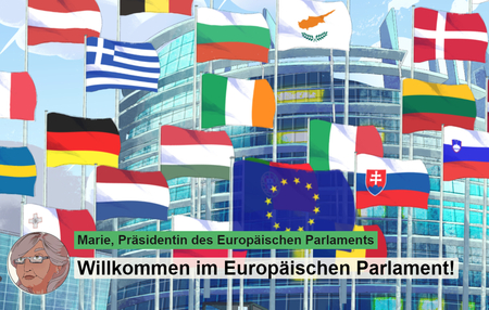 Comiczeichnung einer blonden Frau, die die Präsidentin des EU-Parlaments darstellt und die Spielenden im Europäischen Parlament begrüßt. Im Hintergrund einige europäische Länderflaggen.
