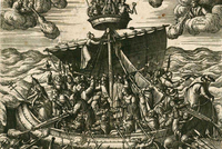 Bild von einem historischen Holzschnitt eines Schiffs mit vielen Menschen